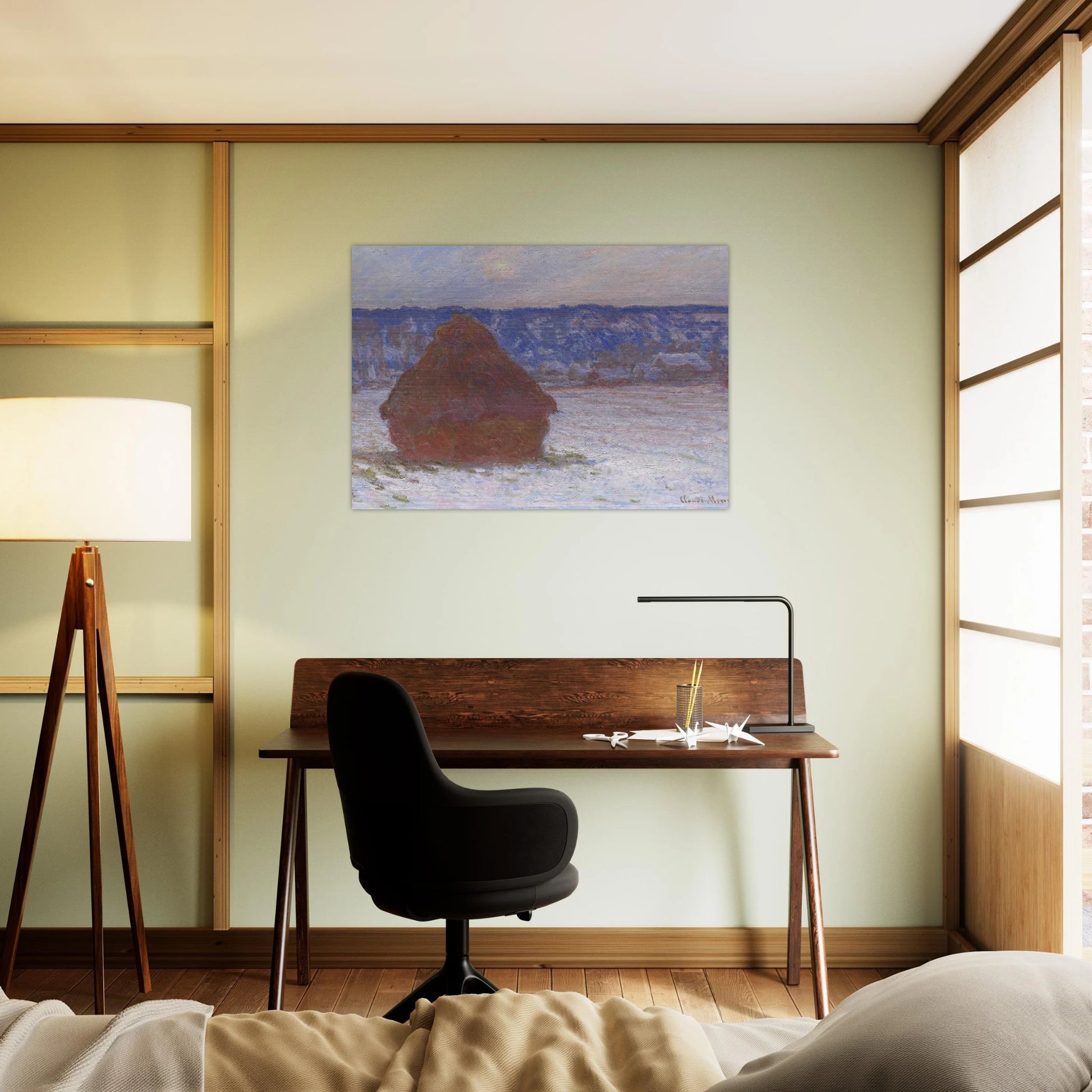 Stack of Wheat Snow Effect, Overcast Day - claude monet Brushed Aluminum Print - 70x100 cm / 28x40 inches | claude monet Aluminum Print | claude monet Prints