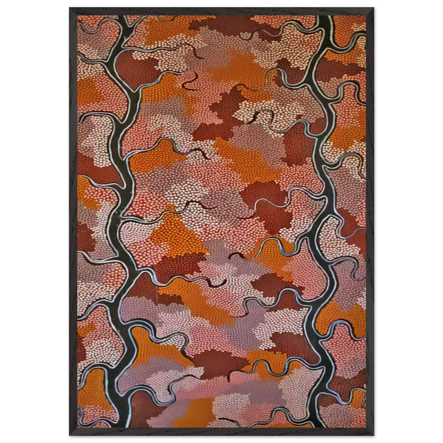 Lightning Dreaming - 1989 - Clifford Possum Tjapaltjarri Framed Art Print – Black Wooden Frame - Default Title - -Framed Art Print