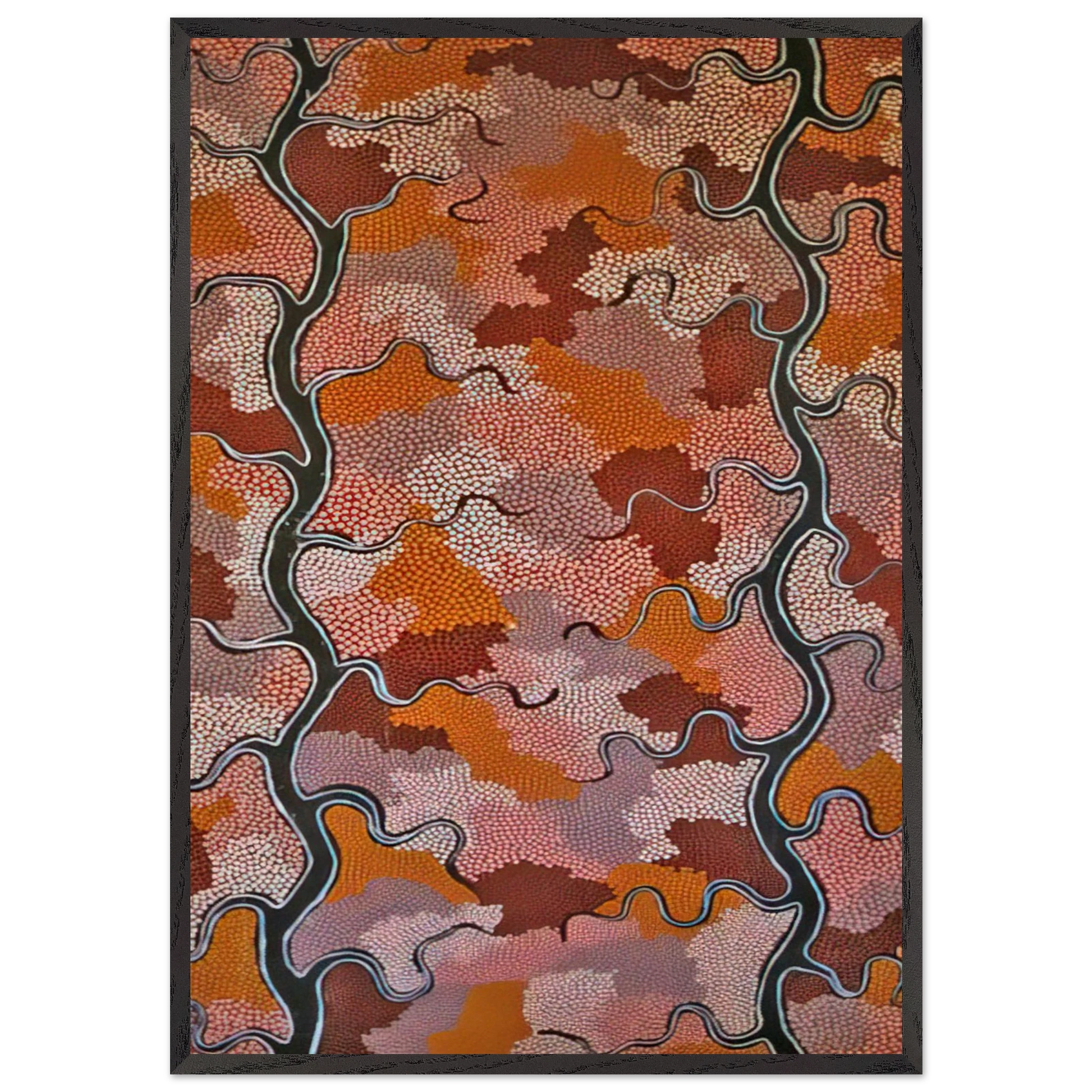 Lightning Dreaming - 1989 - Clifford Possum Tjapaltjarri Framed Art Print – Black Wooden Frame - Default Title - -Framed Art Print