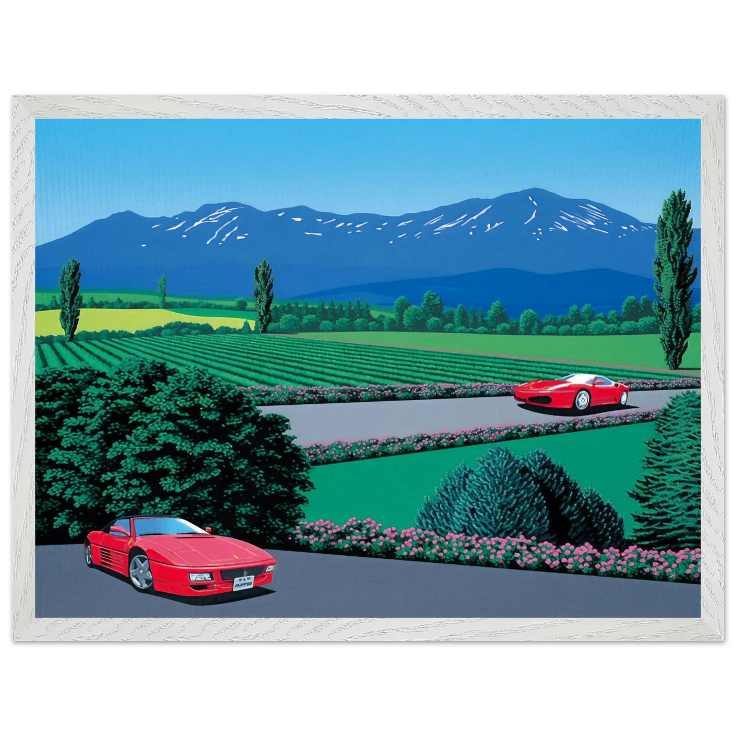 Hiroshi Nagai - Ferraris traversing the lands Wall Art - 30x40 cm / 12x16 inches - Premium Wooden Framed Poster With Fine Art Paper - Black frame
