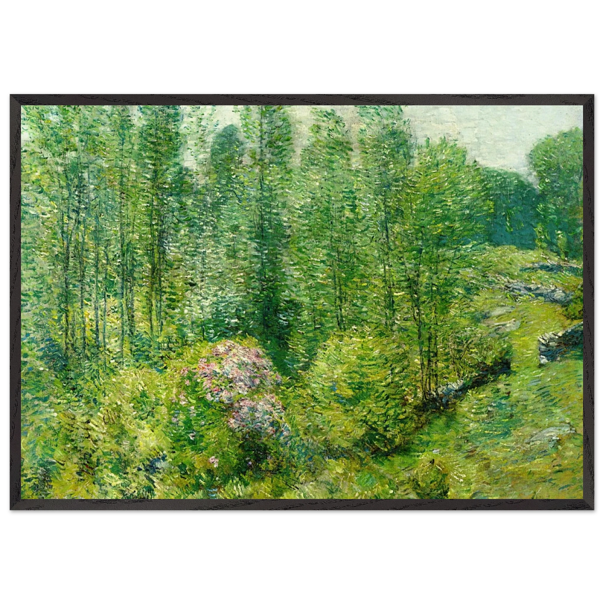 Spring Landscape with a Farmer and White Horse - Childe Hassam Framed Art Print – Black Wooden Frame - Default Title - -Framed Art Print