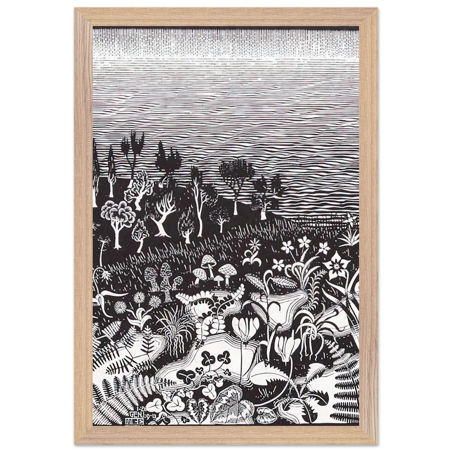 MC Escher - THE 3RD DAY OF THE CREATION Wall Art - 60x80 cm / 24x32 inches - Premium Wooden Framed Poster With Fine Art Paper - White frame