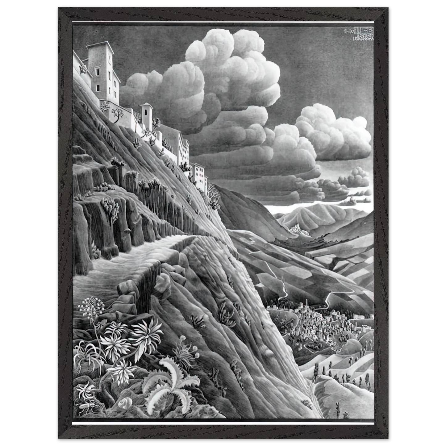 MC Escher - CASTROVALVA Wall Art - 30x40 cm / 12x16 inches - Premium Wooden Framed Poster With Fine Art Paper - White frame