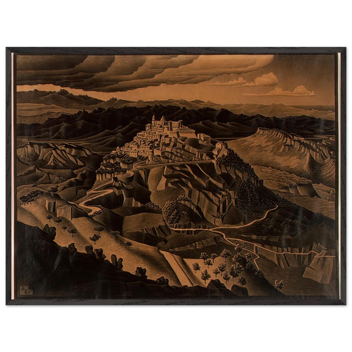 MC Escher - ITALIAN TOWN Wall Art - 60x80 cm / 24x32 inches - Premium Wooden Framed Poster With Fine Art Paper - White frame