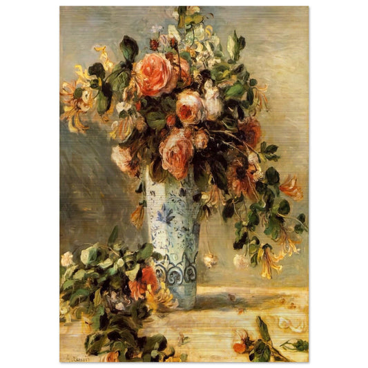 Roses and Jasmine in a Delft Vase - Pierre-Auguste Renoir Brushed Aluminum Print - 70x100 cm / 28x40 inches | Pierre-Auguste Renoir Aluminum Print | Pierre-Auguste Renoir Prints