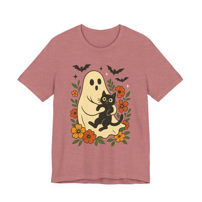 Fantasma Spettrale che tiene un Gatto Nero Fiori Groovy Halloween