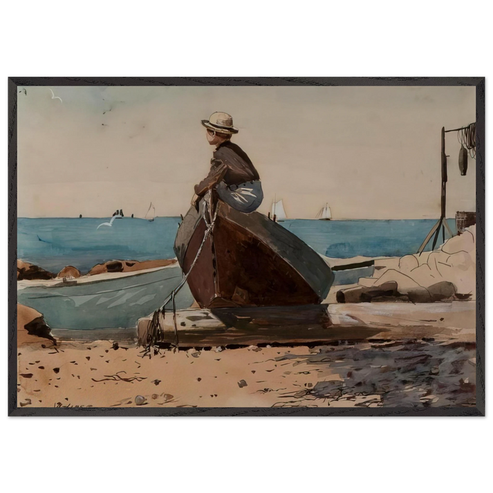 WAITING FOR DAD - Winslow Homer 70x100 cm / 28x40 inches Framed Art Print – Black Wooden Frame