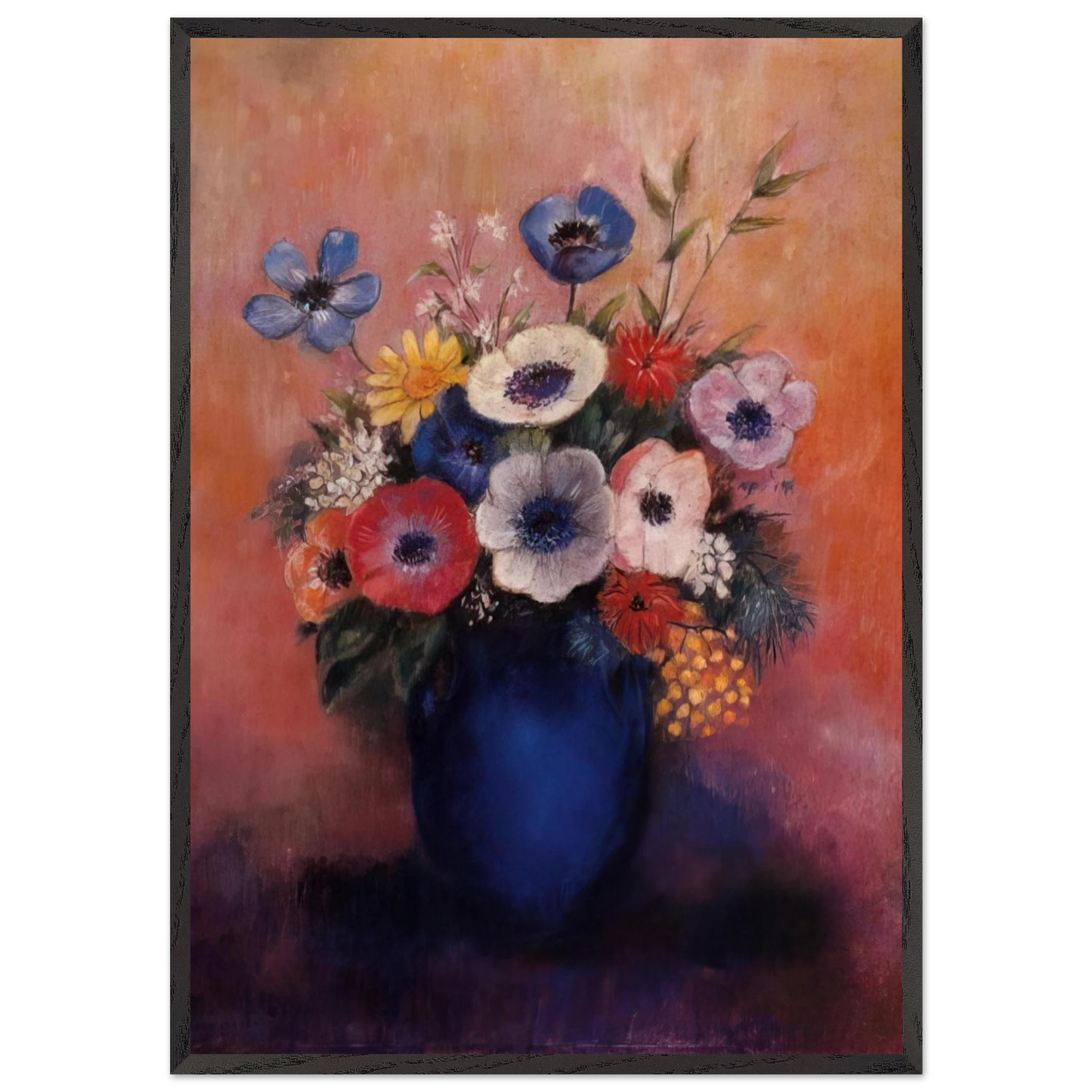 BOUQUET OF FLOWERS IN A BLUE VASE 1 - Odilon Redon Framed Art Print – Black Wooden Frame - Default Title - -Framed Art Print