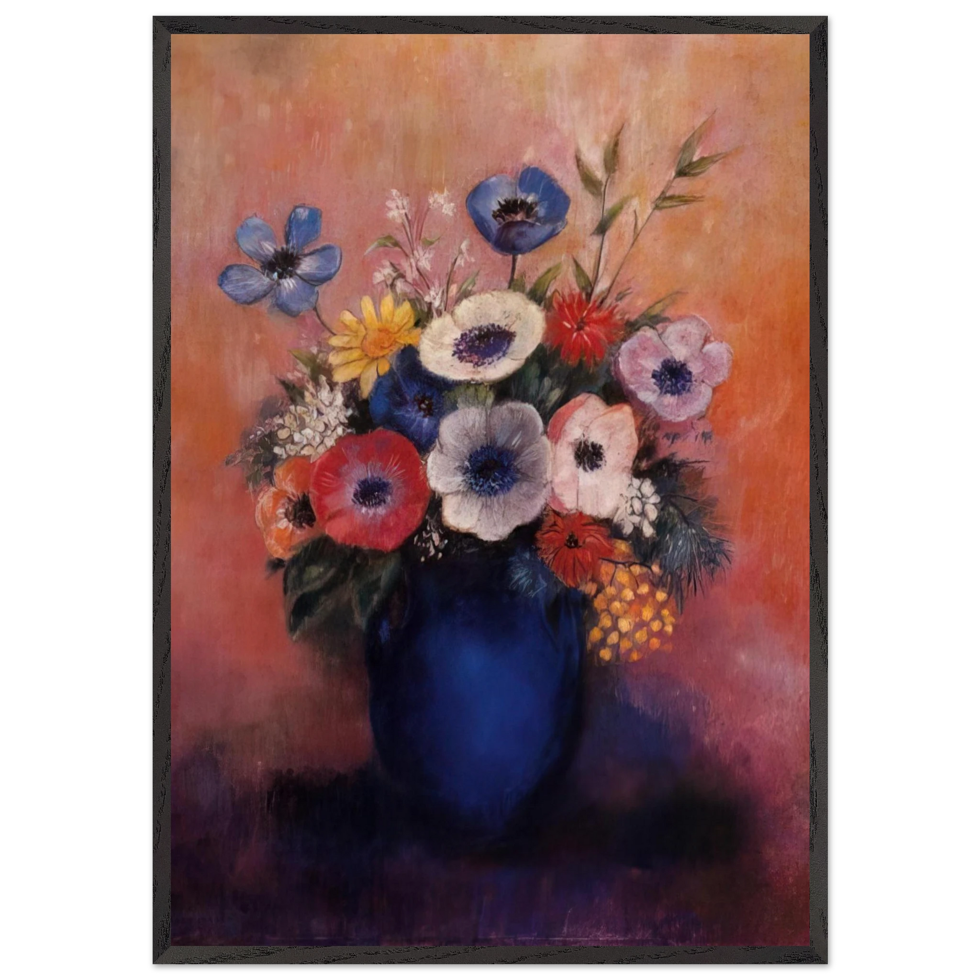BOUQUET OF FLOWERS IN A BLUE VASE 1 - Odilon Redon Framed Art Print – Black Wooden Frame - Default Title - -Framed Art Print