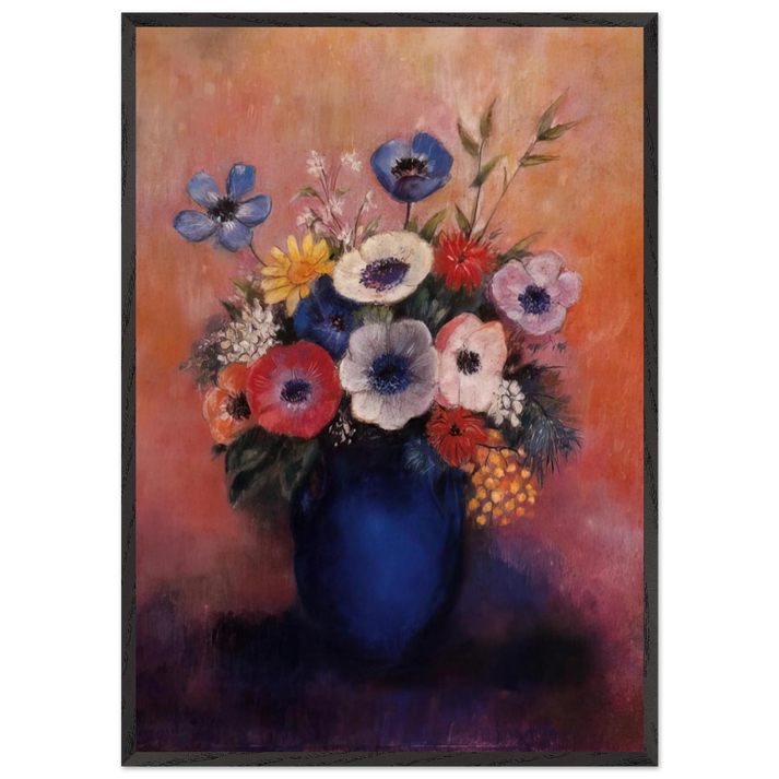 BOUQUET OF FLOWERS IN A BLUE VASE 1 - Odilon Redon 70x100 cm / 28x40 inches Framed Art Print – Black Wooden Frame