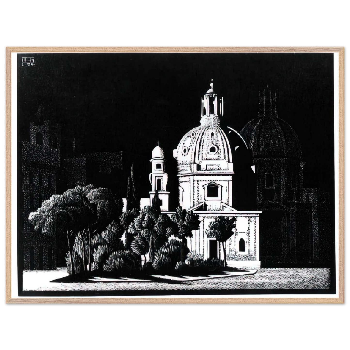 MC Escher - NOCTURNAL ROME 1 Wall Art - 60x80 cm / 24x32 inches - Premium Wooden Framed Poster With Fine Art Paper - Black frame