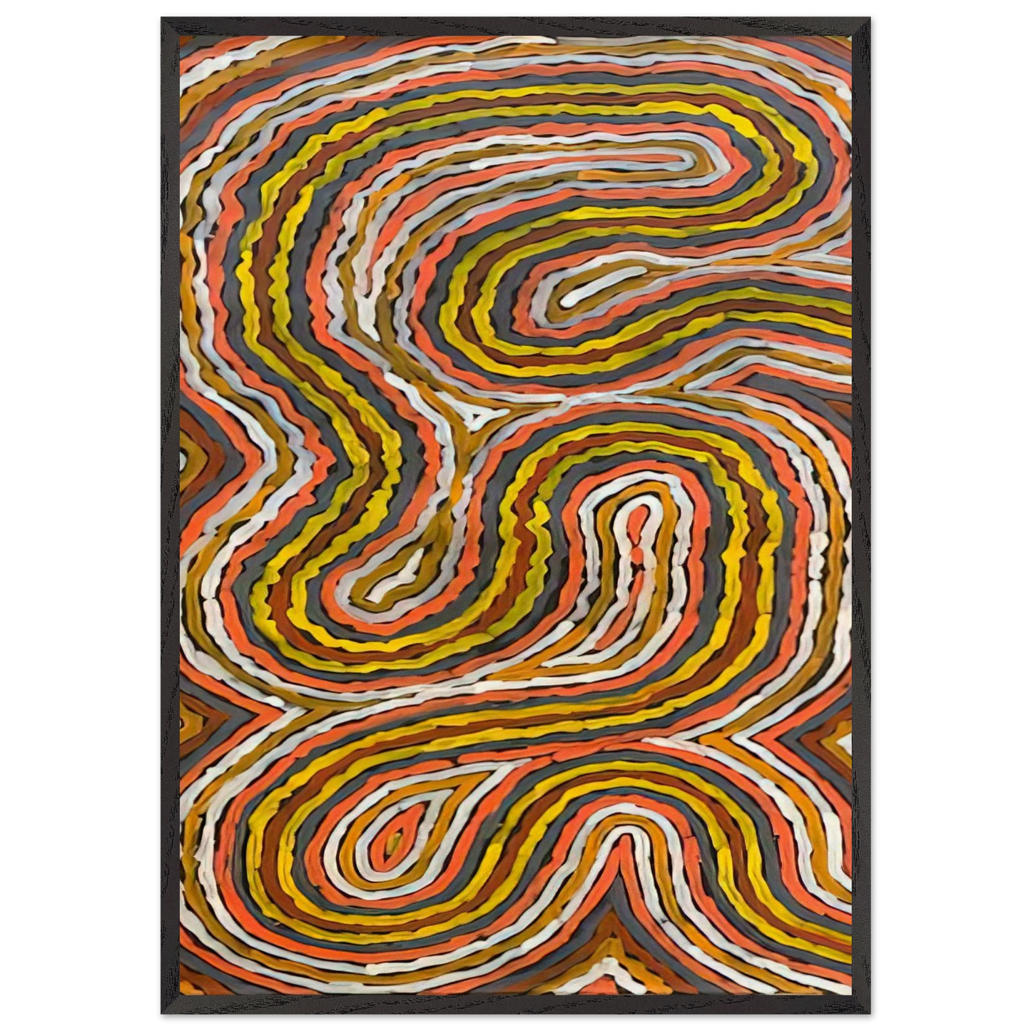 Worm Dreaming Napperby - 1996 - Clifford Possum Tjapaltjarri Framed Art Print – Black Wooden Frame - Default Title - -Framed Art Print