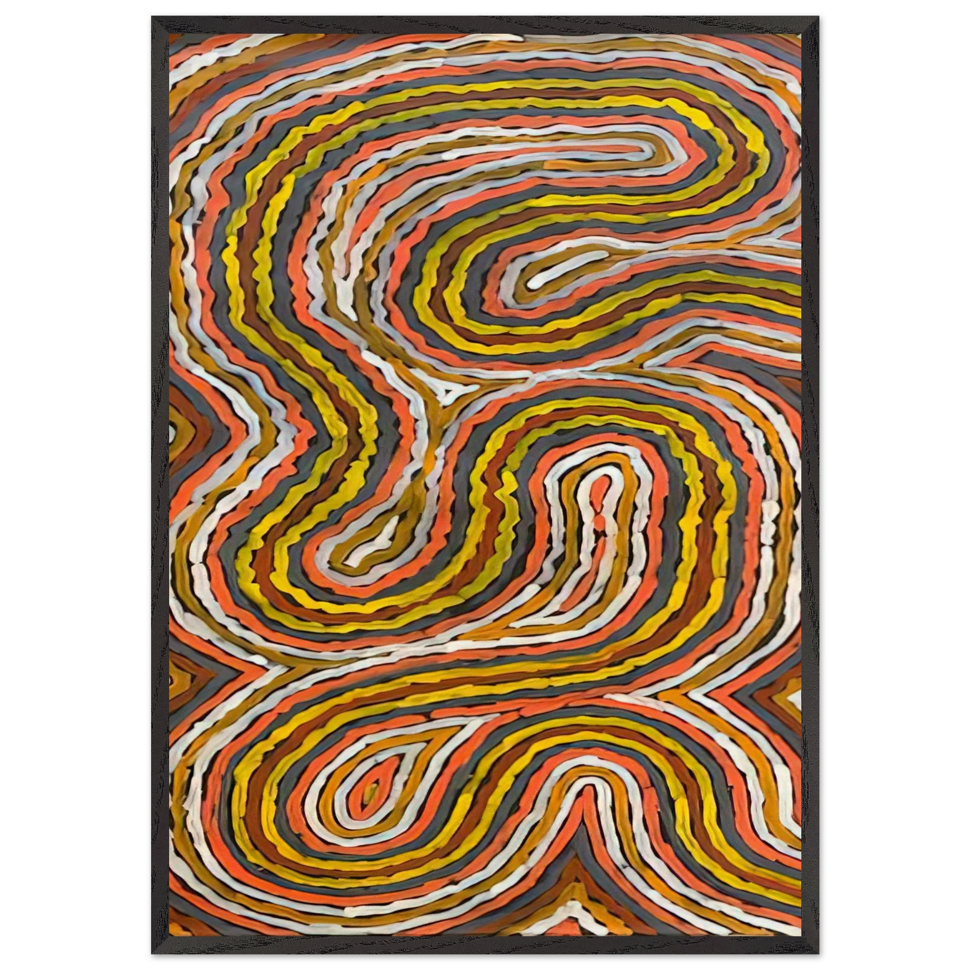 Worm Dreaming Napperby - 1996 - Clifford Possum Tjapaltjarri Framed Art Print – Black Wooden Frame - Default Title - -Framed Art Print