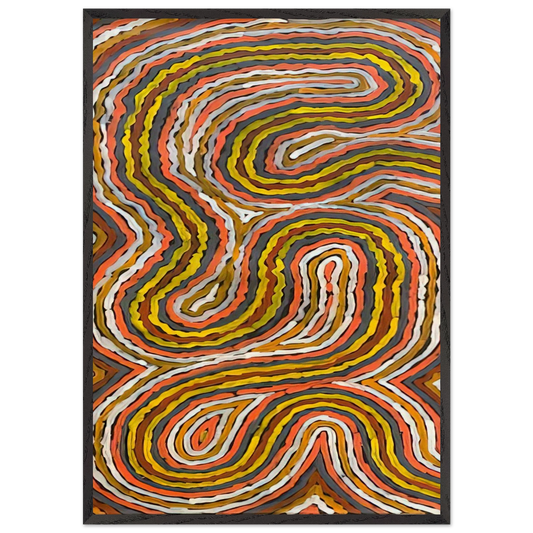 Worm Dreaming Napperby - 1996 - Clifford Possum Tjapaltjarri Framed Art Print – Black Wooden Frame - Default Title - -Framed Art Print