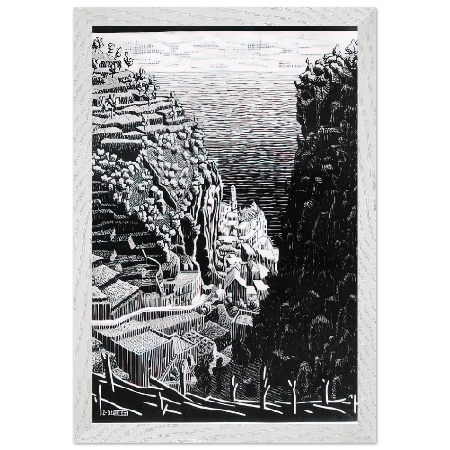MC Escher - ATRANI COAST OF AMALFI 1 Wall Art - 30x40 cm / 12x16 inches - Premium Wooden Framed Poster With Fine Art Paper - Wood frame