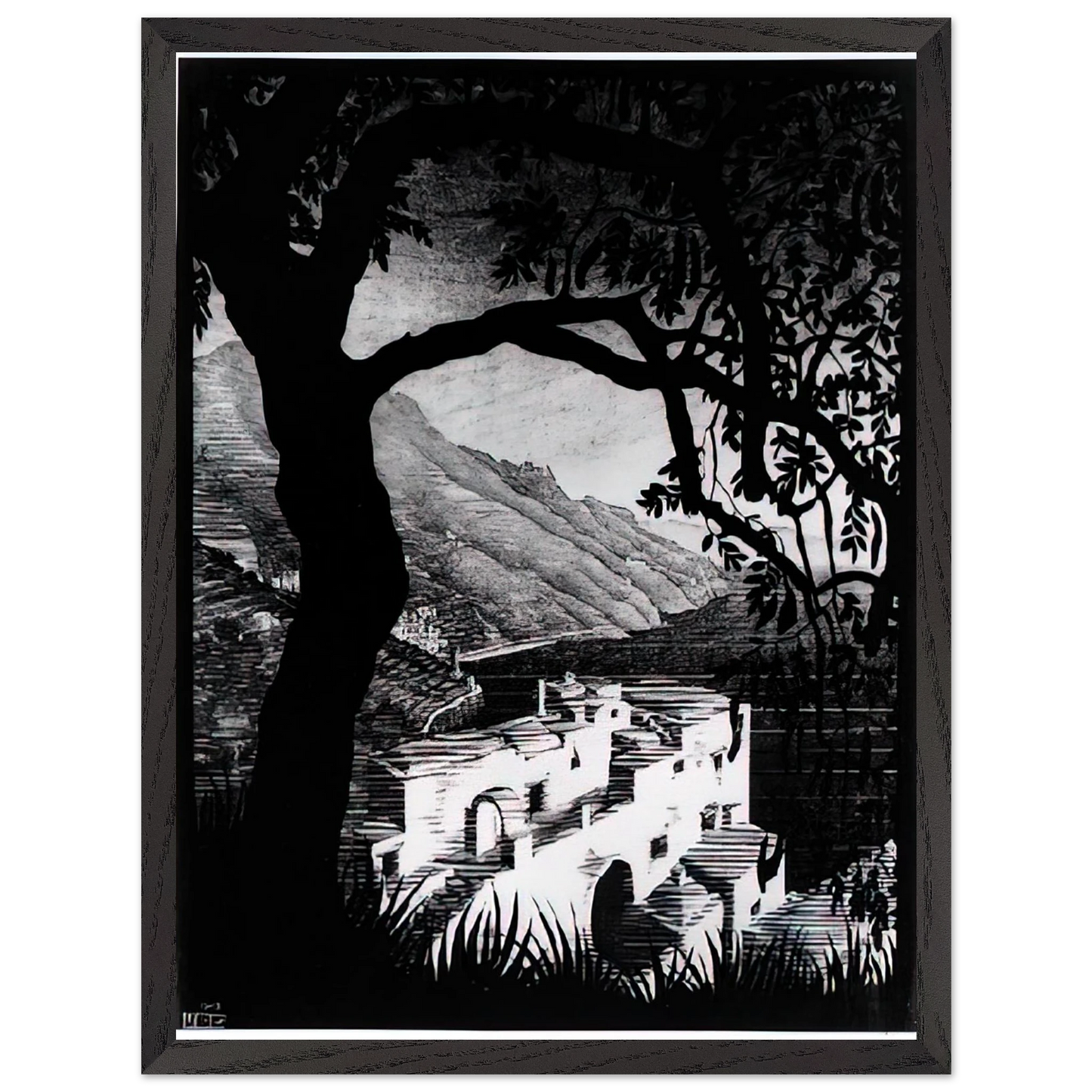 MC Escher - COAST OF AMALFI Wall Art - 21x29.7 cm / 8x12" - Premium Wooden Framed Poster With Fine Art Paper - Wood frame