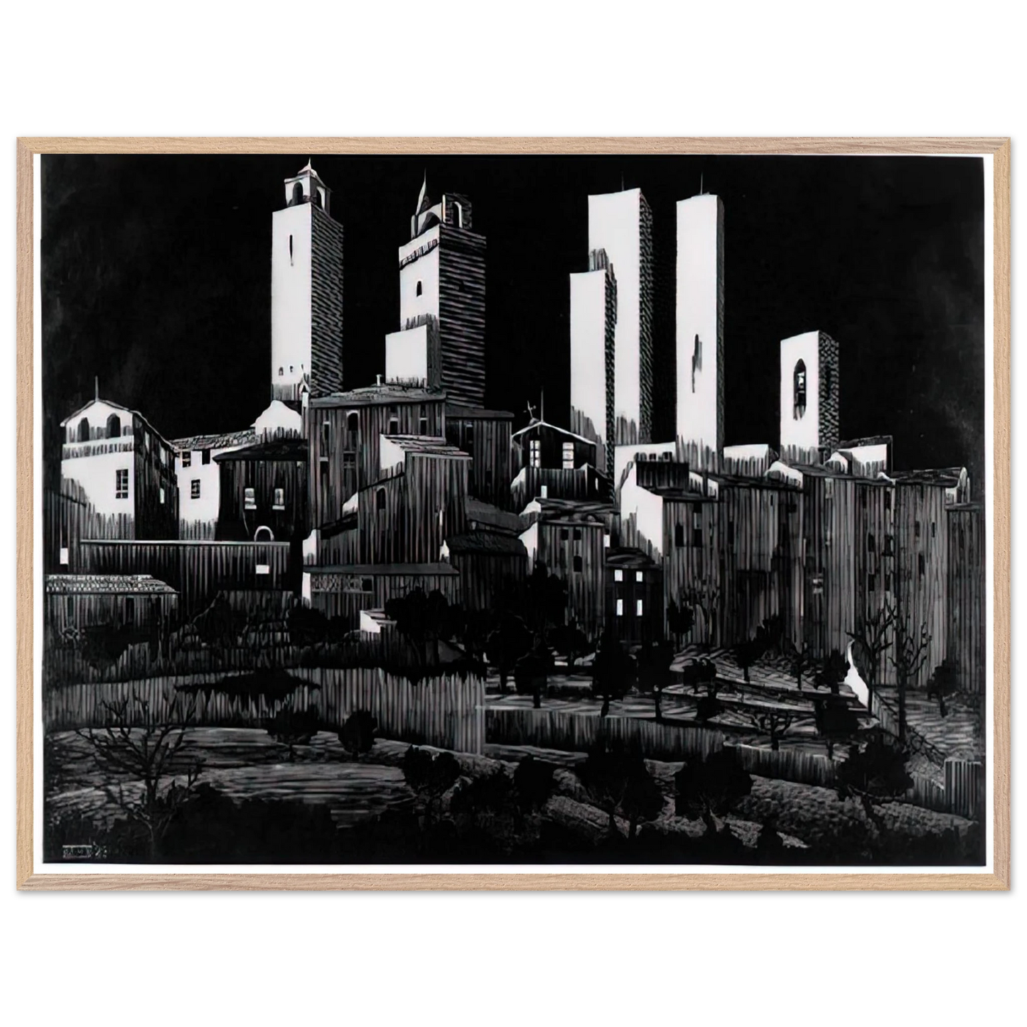MC Escher - SAN GIMIGNANO Wall Art - 30x40 cm / 12x16 inches - Premium Wooden Framed Poster With Fine Art Paper - White frame