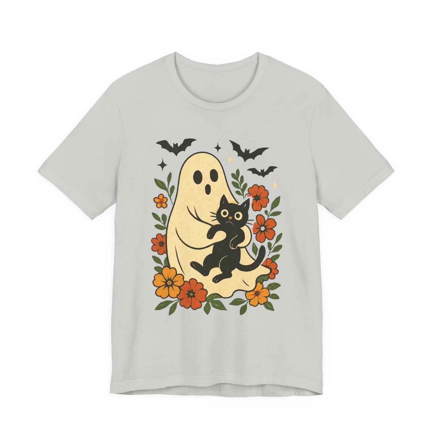 Fantasma Spettrale che tiene un Gatto Nero Fiori Groovy Halloween