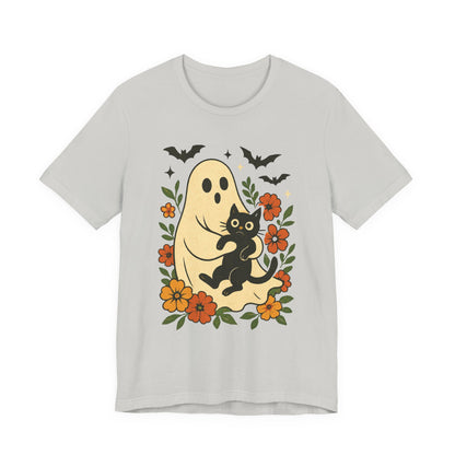 Fantasma Spettrale che tiene un Gatto Nero Fiori Groovy Halloween
