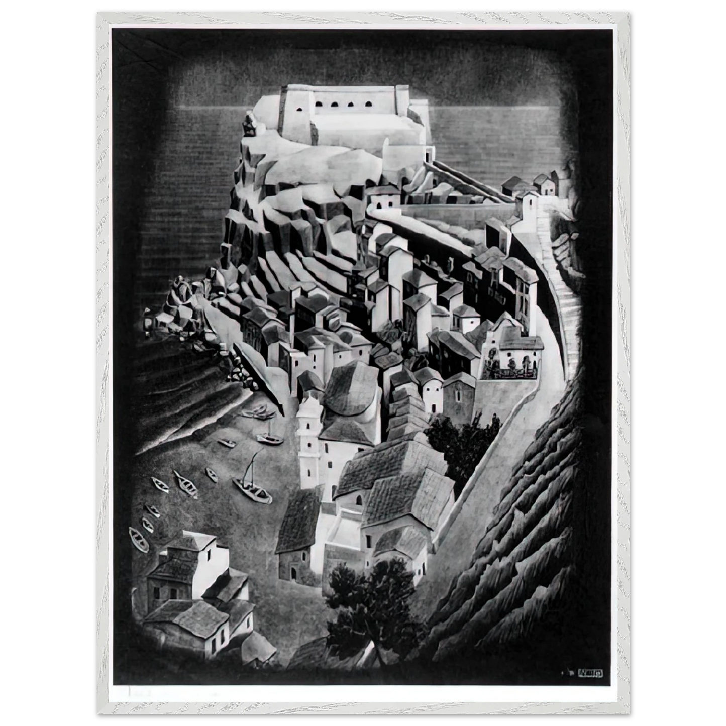 MC Escher - SCILLA CALABRIA JANUARY 1931 1931 Wall Art - 60x80 cm / 24x32 inches - Premium Wooden Framed Poster With Fine Art Paper - White frame