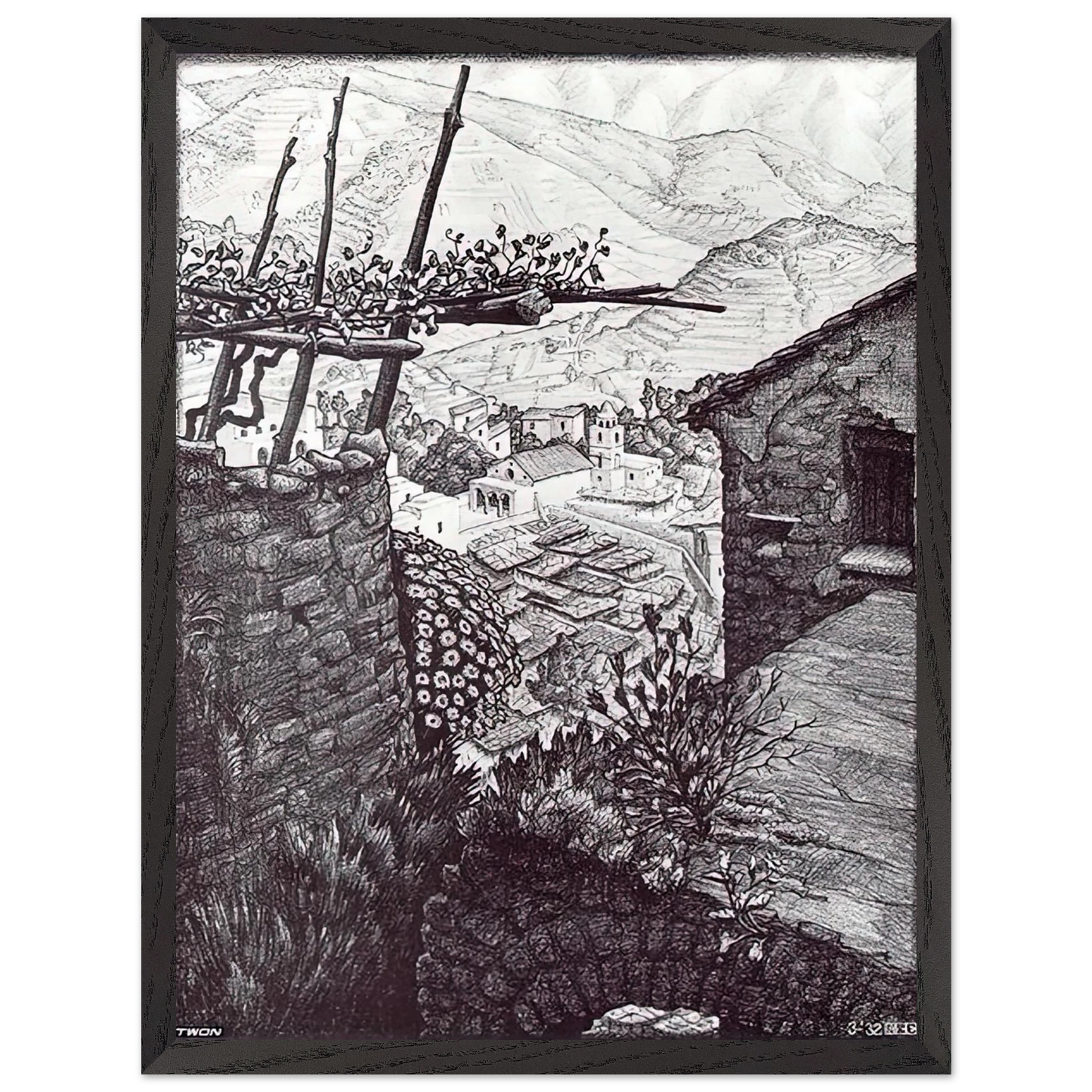 MC Escher - THE HAMLET OF TURELLO SOUTHERN ITALY Wall Art - 30x40 cm / 12x16 inches - Premium Wooden Framed Poster With Fine Art Paper - Black frame