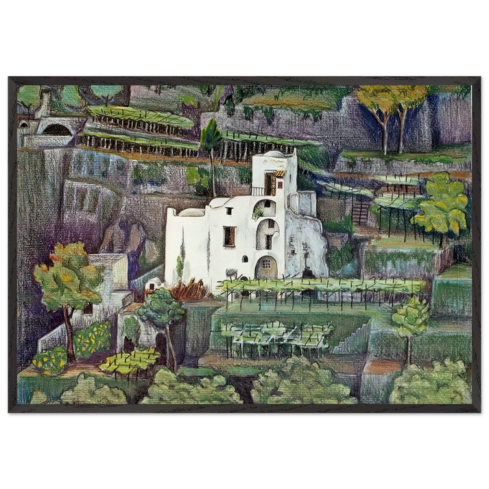 FARMHOUSE RAVELLO COLOUR - MC Escher 70x100 cm / 28x40 inches Framed Art Print – Black Wooden Frame | Maurits Cornelis Escher Prints