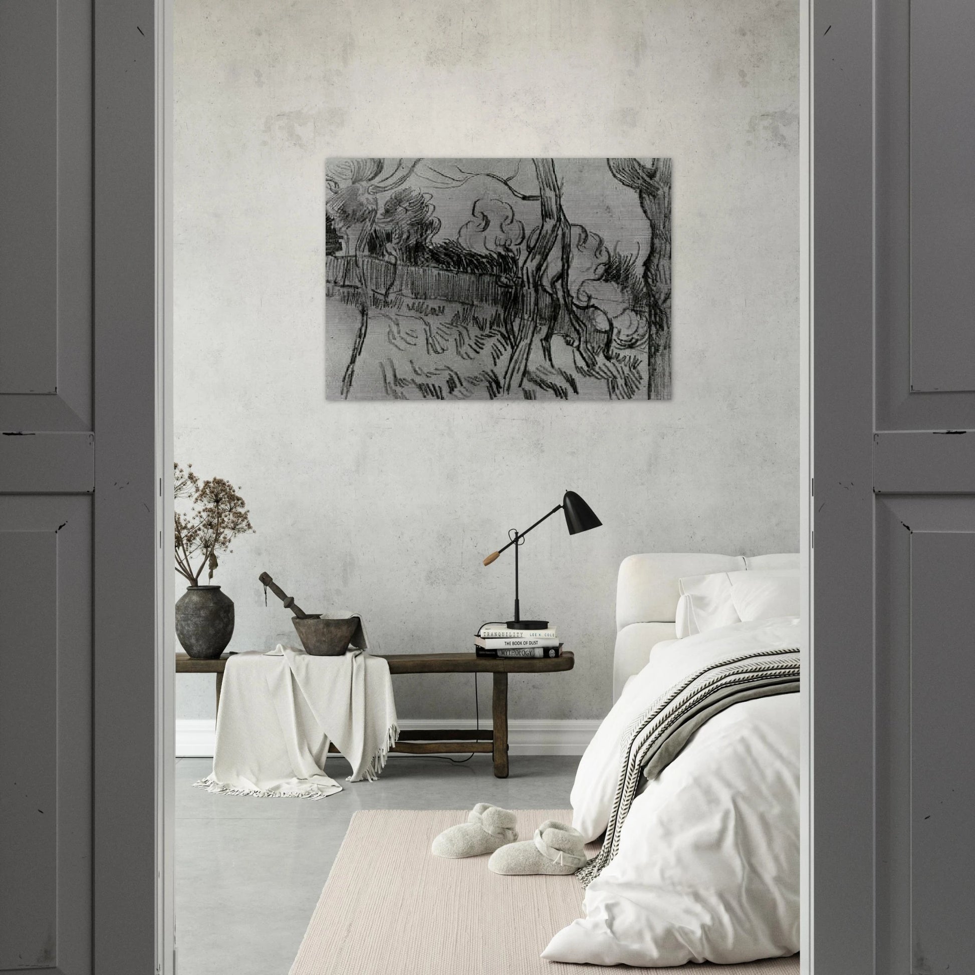 Pine Trees Seen against the Wall of the Asylum - Vincent van Gogh Brushed Aluminum Print - 70x100 cm / 28x40 inches | Vincent van Gogh Aluminum Print | Vincent van Gogh Prints