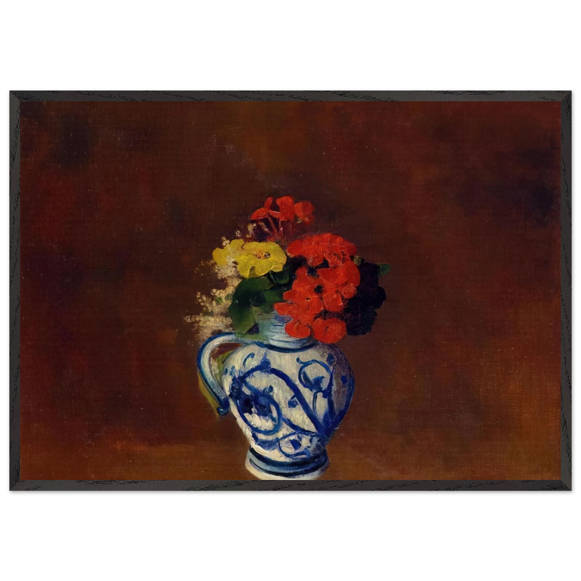GERANIUMS AND OTHER FLOWERS IN A STONEWARE VASE - Odilon Redon Framed Art Print – Black Wooden Frame - Default Title - -Framed Art Print
