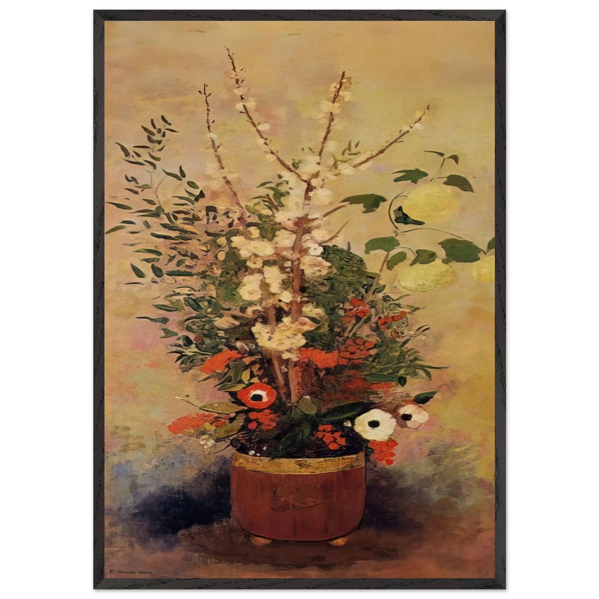 VASE OF FLOWERS WITH BRANCHES OF A FLOWERING APPLE TREE - Odilon Redon Framed Art Print – Black Wooden Frame - Default Title - -Framed Art Print