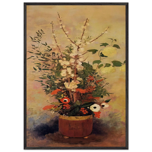 VASE OF FLOWERS WITH BRANCHES OF A FLOWERING APPLE TREE - Odilon Redon Framed Art Print – Black Wooden Frame - Default Title - -Framed Art Print
