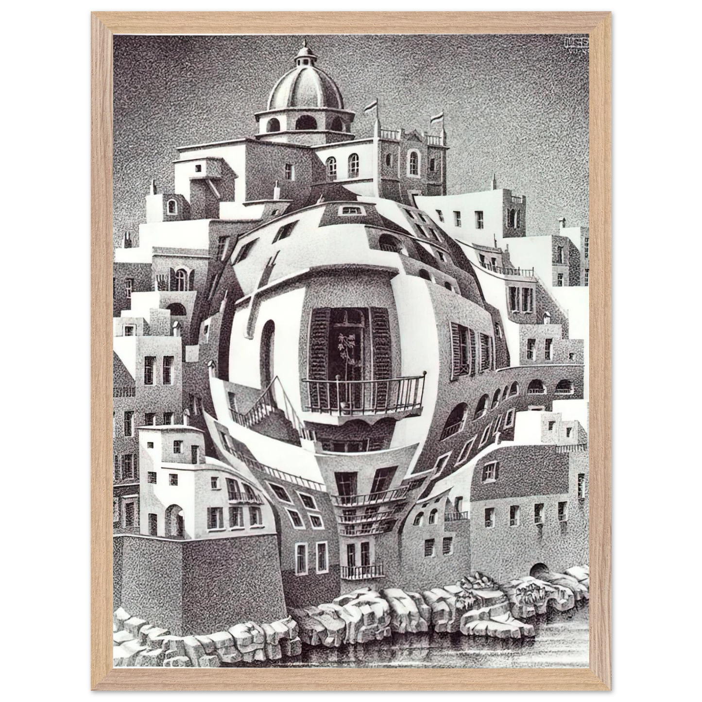MC Escher - BALCONY Wall Art - 21x29.7 cm / 8x12" - Premium Wooden Framed Poster With Fine Art Paper - White frame