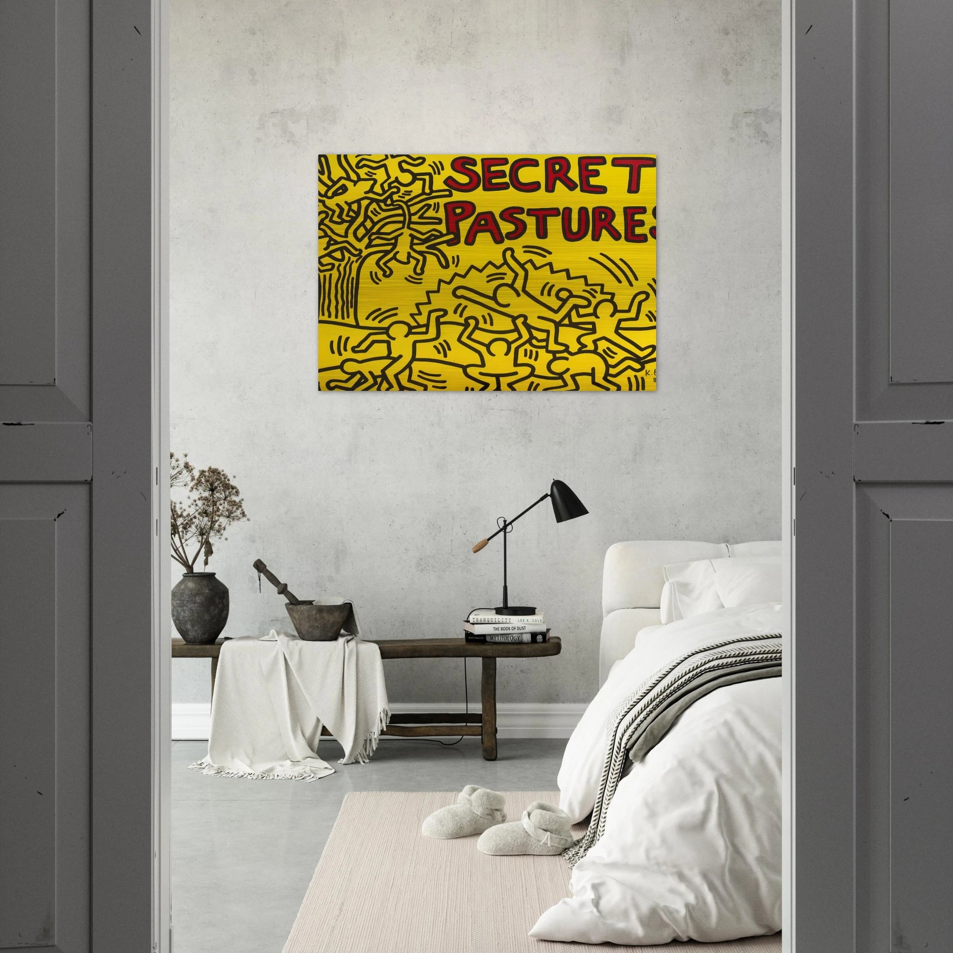 A POSTER FOR THE BILL T JONES AND ARNIE ZANE PERFORMANCE PIECE SECRET PASTURES 1984 - Keith Haring Brushed Aluminum Print - 70x100 cm / 28x40 inches | Keith Haring Aluminum Print | Keith Haring Prints