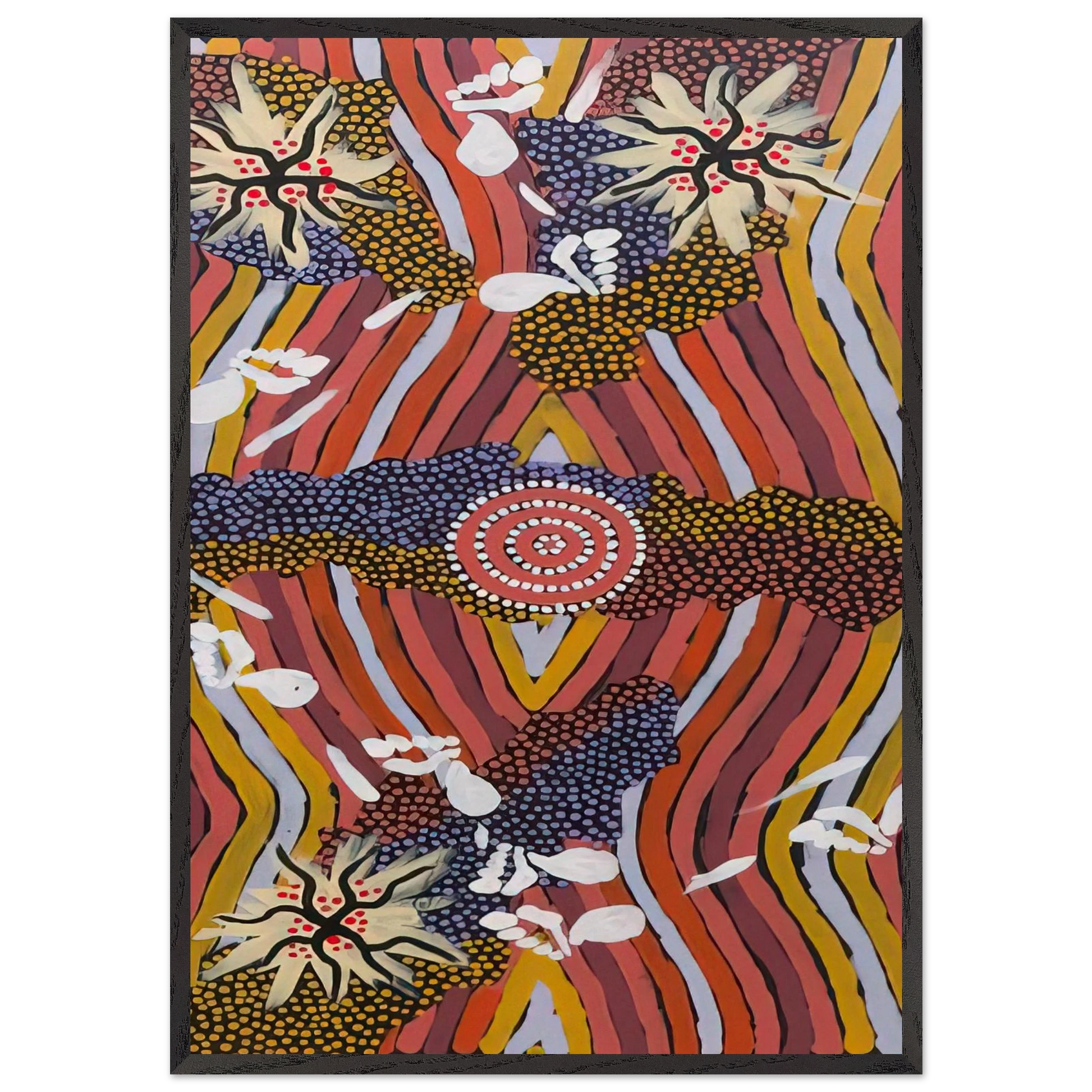 Womans Dreaming - 2000 - Clifford Possum Tjapaltjarri Framed Art Print – Black Wooden Frame - Default Title - -Framed Art Print