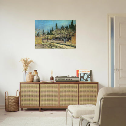 Orchard in Blossom, Bordered by Cypresses - Vincent van Gogh Brushed Aluminum Print - 70x100 cm / 28x40 inches | Vincent van Gogh Aluminum Print | Vincent van Gogh Prints