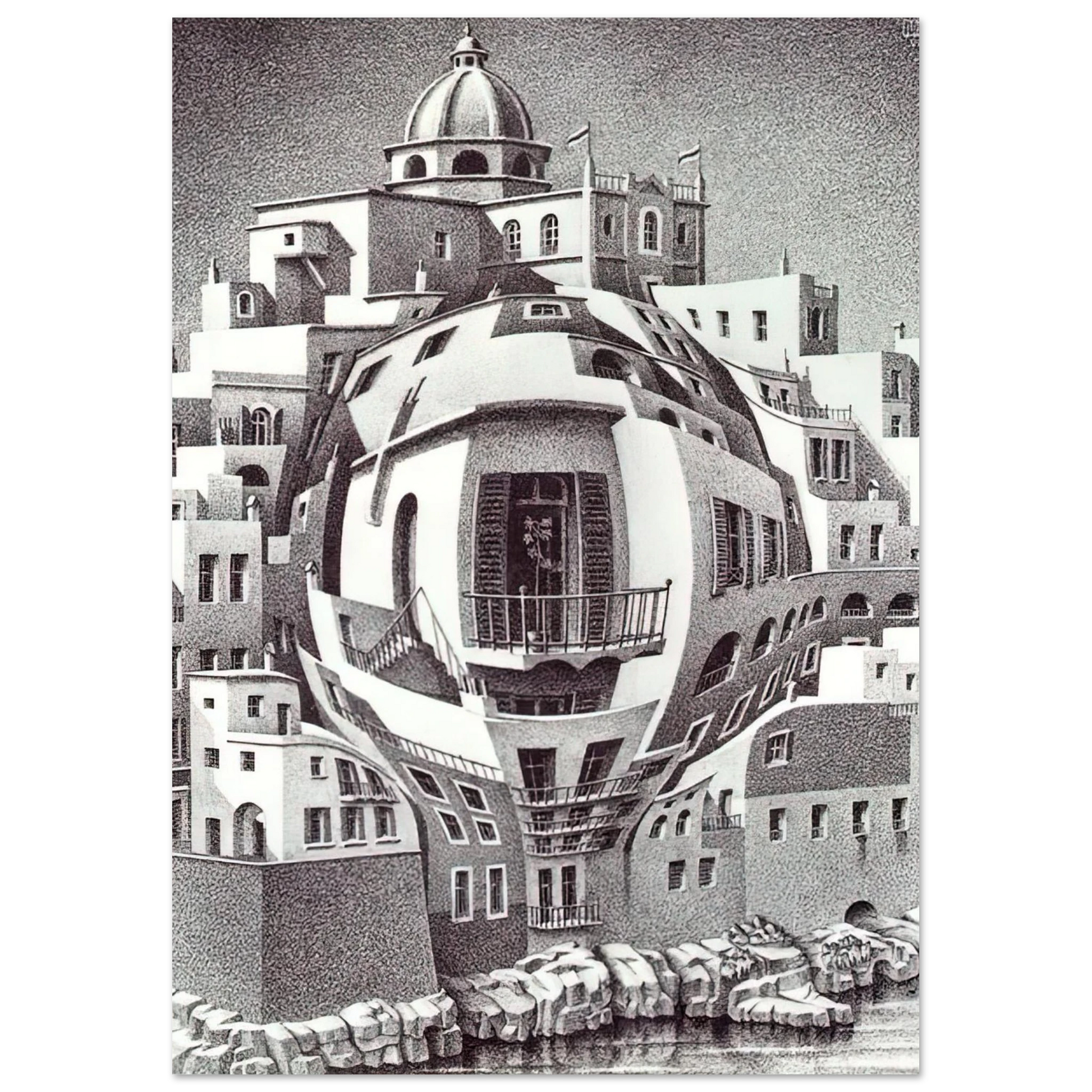 MC Escher - BALCONY Wall Art - 60x80 cm / 24x32 inches - Premium Wooden Framed Poster With Fine Art Paper - Wood frame