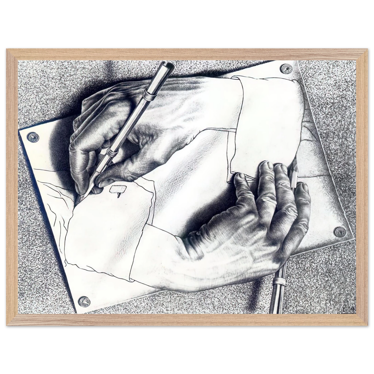 MC Escher - DRAWING HANDS Wall Art - 60x80 cm / 24x32 inches - Premium Wooden Framed Poster With Fine Art Paper - Wood frame