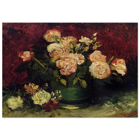 Bowl with Peonies and Roses - Vincent van Gogh Brushed Aluminum Print - 70x100 cm / 28x40 inches | Vincent van Gogh Aluminum Print | Vincent van Gogh Prints