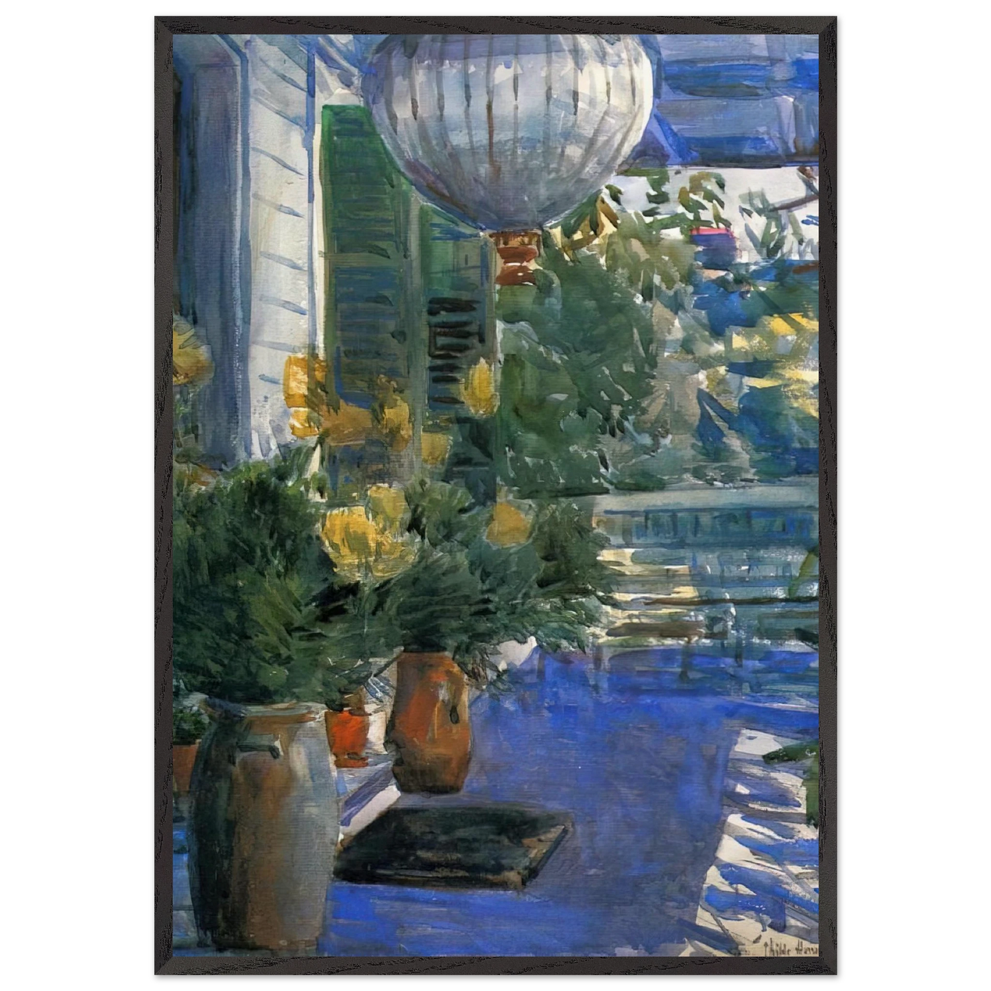 Veranda of the Old House - Childe Hassam Framed Art Print – Black Wooden Frame - Default Title - -Framed Art Print