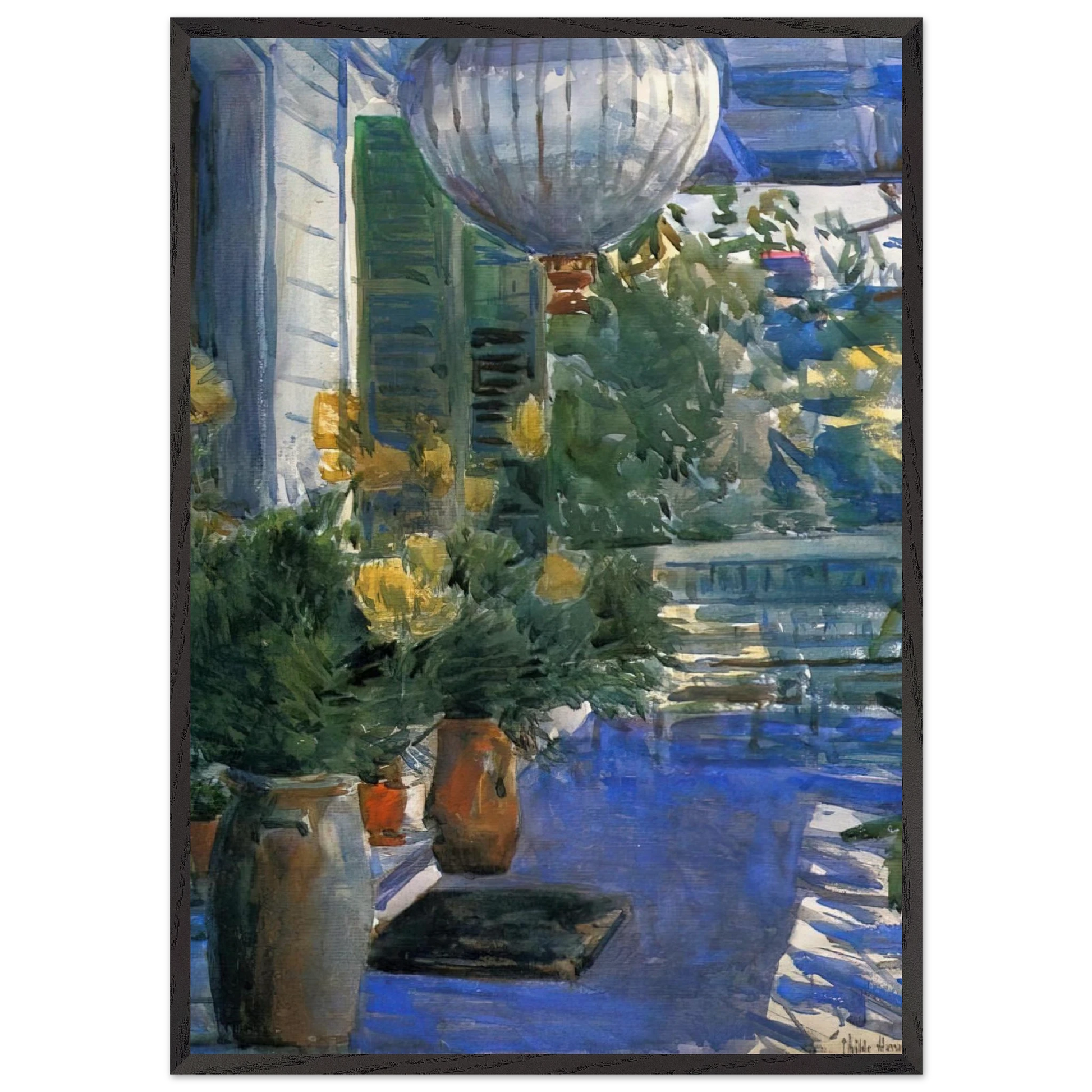 Veranda of the Old House - Childe Hassam Framed Art Print – Black Wooden Frame - Default Title - -Framed Art Print