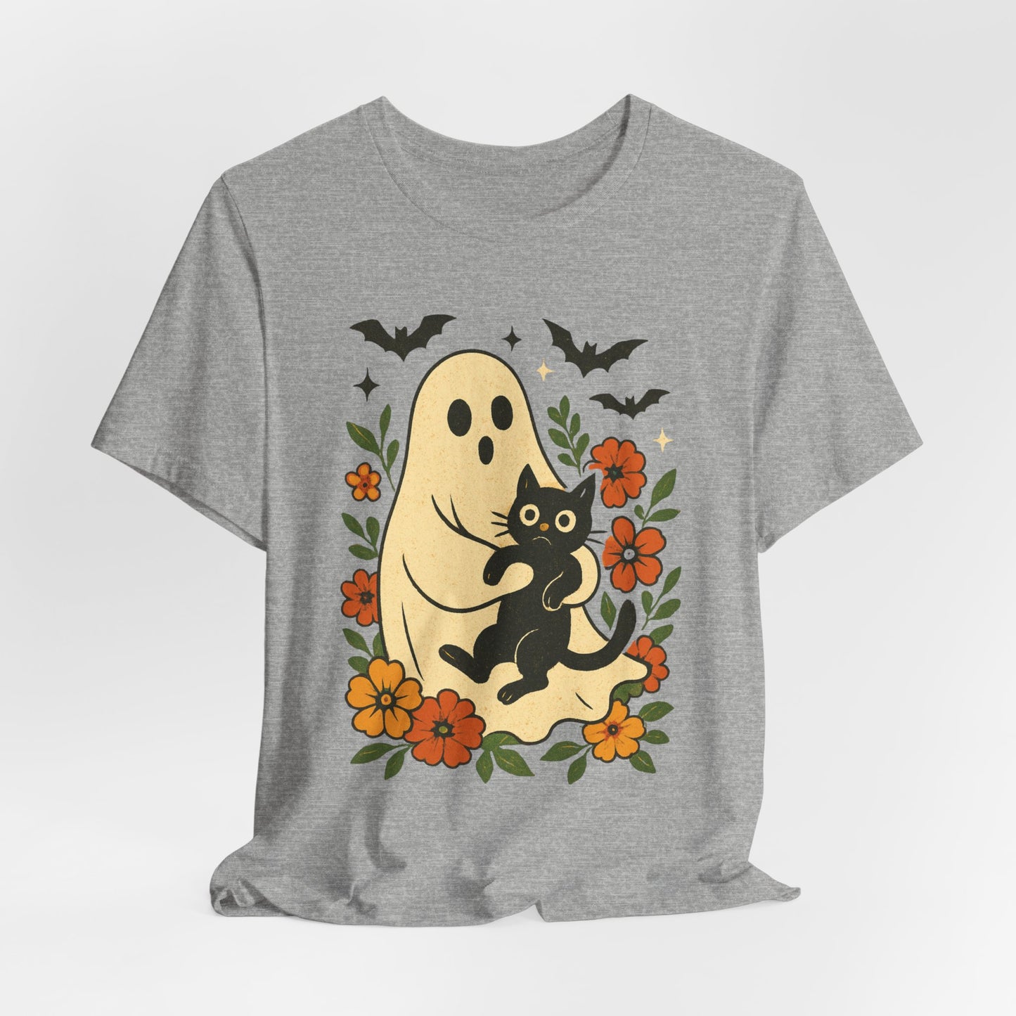 Fantasma Spettrale che tiene un Gatto Nero Fiori Groovy Halloween