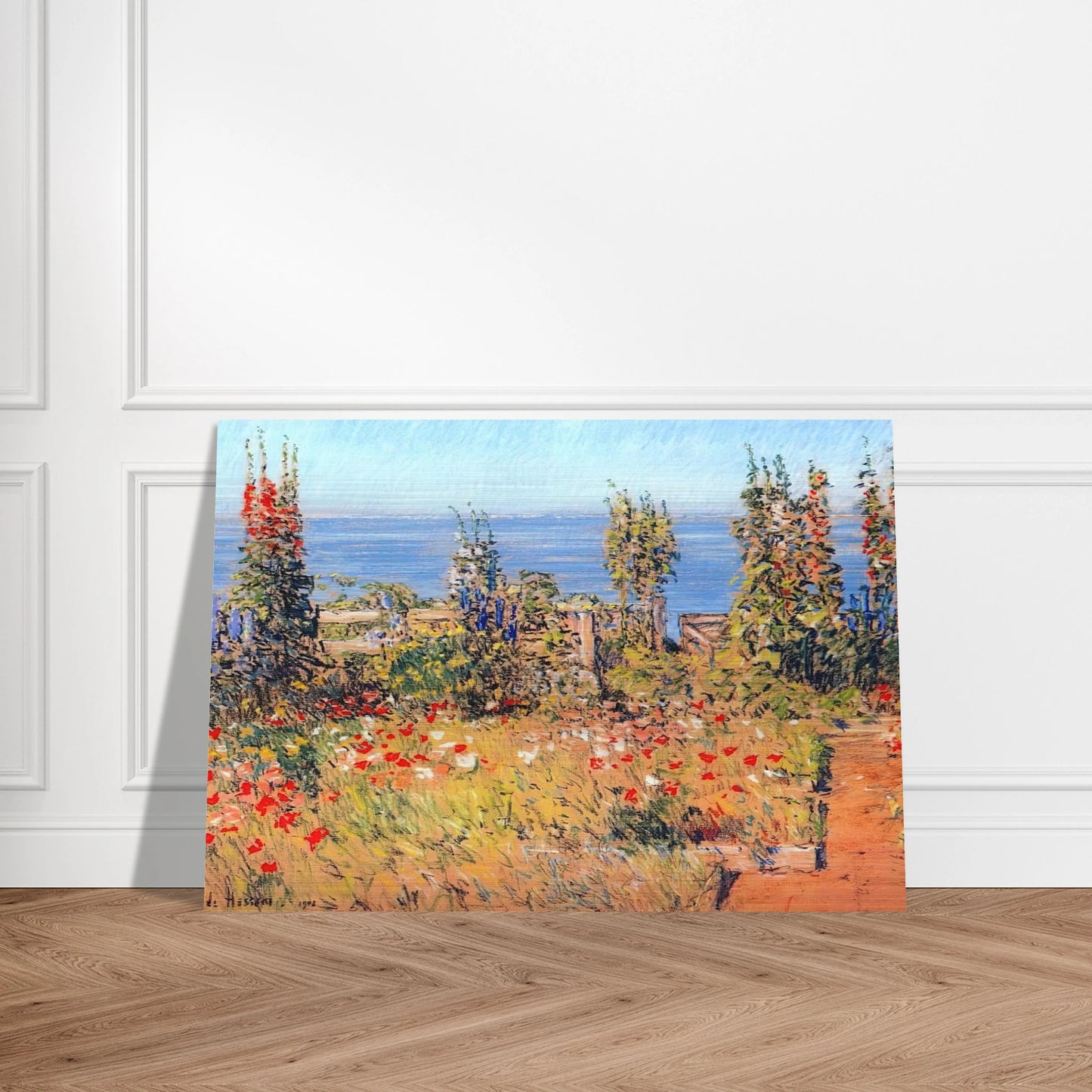 Hollyhocks, Isles of Shoals - Childe Hassam Brushed Aluminum Print - 70x100 cm / 28x40 inches | Childe Hassam Aluminum Print | Childe Hassam Prints