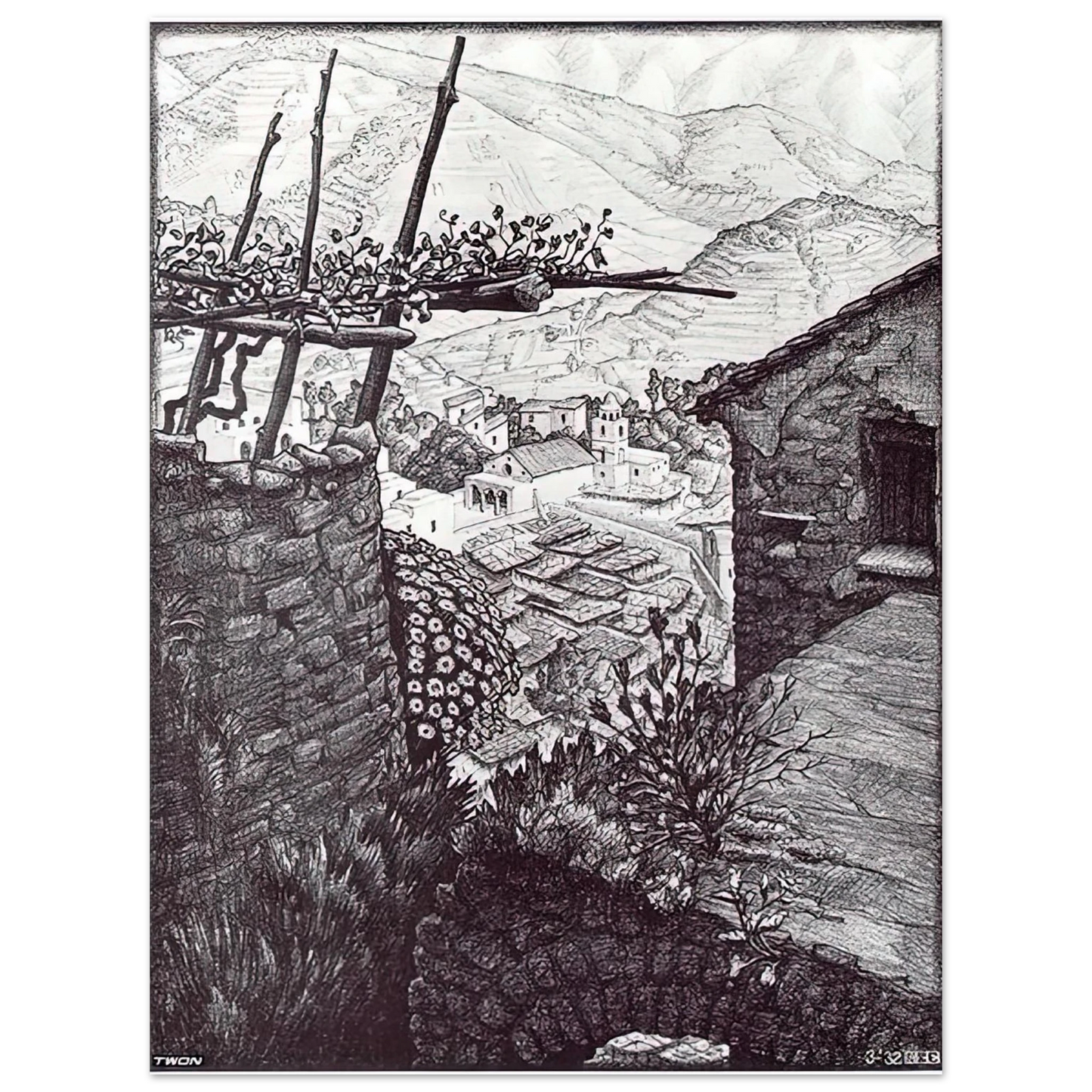 MC Escher - THE HAMLET OF TURELLO SOUTHERN ITALY Wall Art - 21x29.7 cm / 8x12" - Fine Art Poster - -