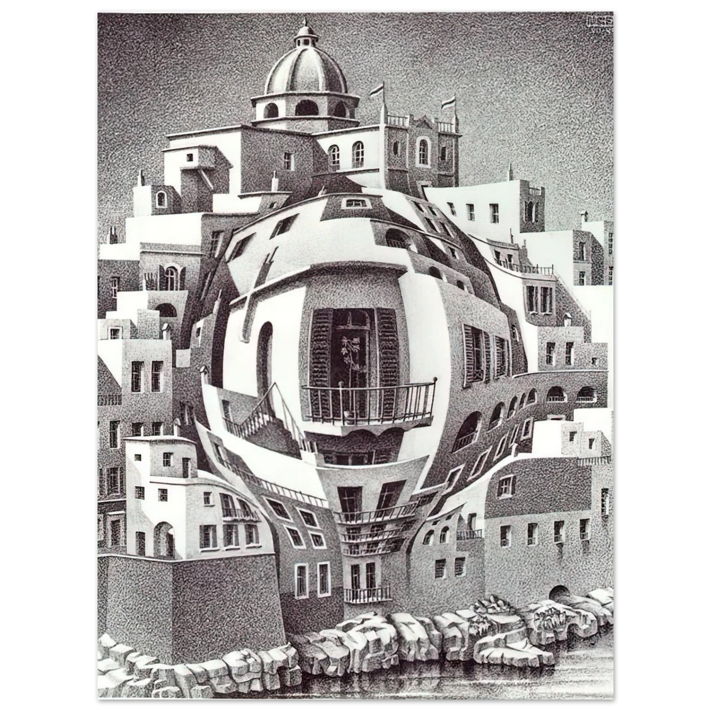 MC Escher - BALCONY Wall Art - 30x40 cm / 12x16 inches - Premium Wooden Framed Poster With Fine Art Paper - Wood frame