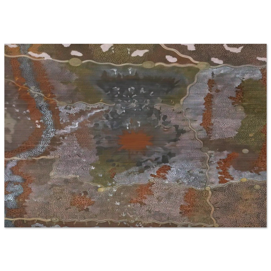 Warlugulong with Tim Leura Tjapaltjarri - 1976 - Clifford Possum Tjapaltjarri Brushed Aluminum Print - 70x100 cm / 28x40 inches | Clifford Possum Tjapaltjarri Aluminum Print | Clifford Possum Tjapaltjarri Prints