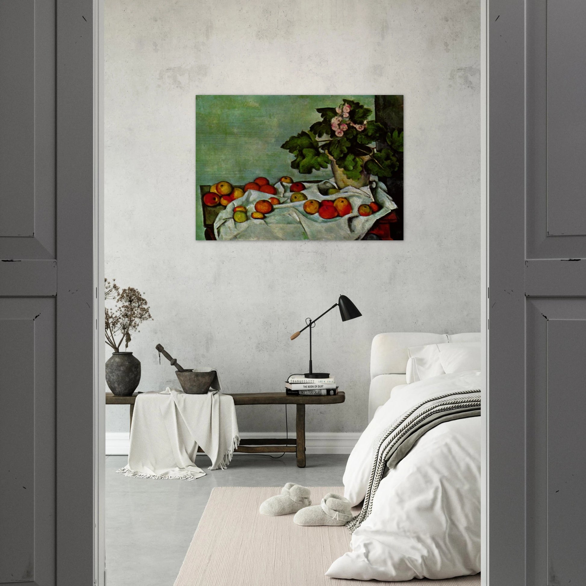 Still Life with Apples and a Pot of Primroses - Paul Cézanne Brushed Aluminum Print - 70x100 cm / 28x40 inches | Paul Cézanne Aluminum Print | Paul Cézanne Prints