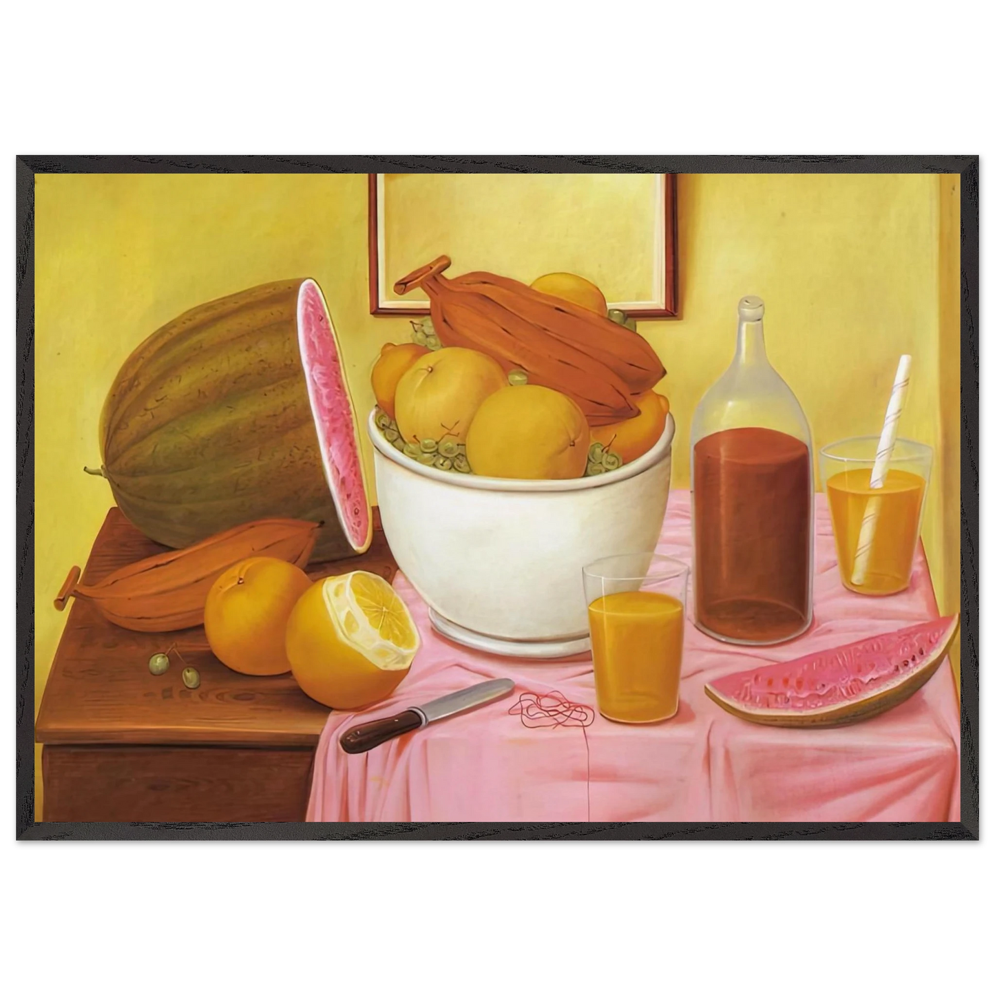 STILL LIFE WITH ORANGEADE - Fernando Botero Framed Art Print – Black Wooden Frame - Default Title - -Framed Art Print