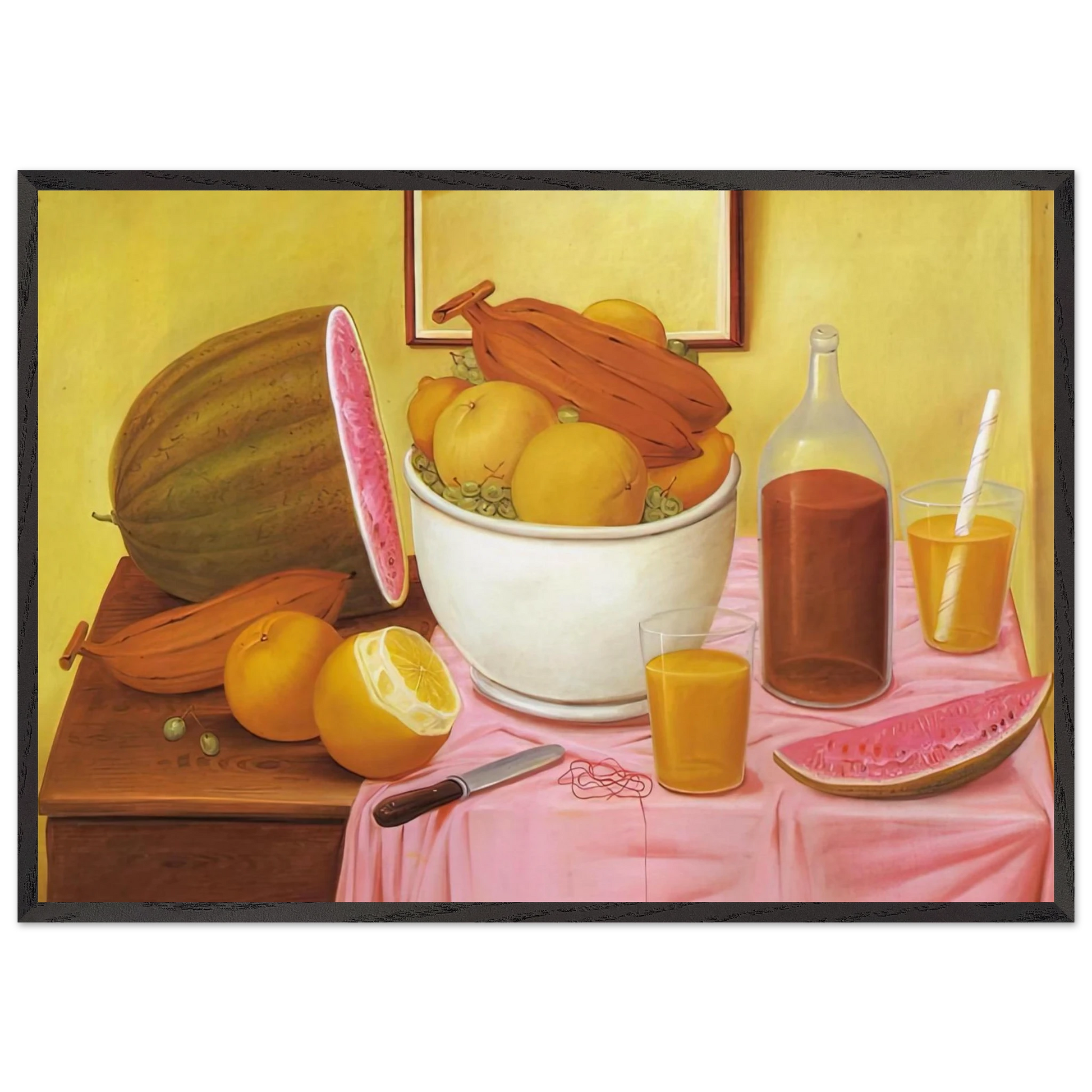 STILL LIFE WITH ORANGEADE - Fernando Botero Framed Art Print – Black Wooden Frame - Default Title - -Framed Art Print