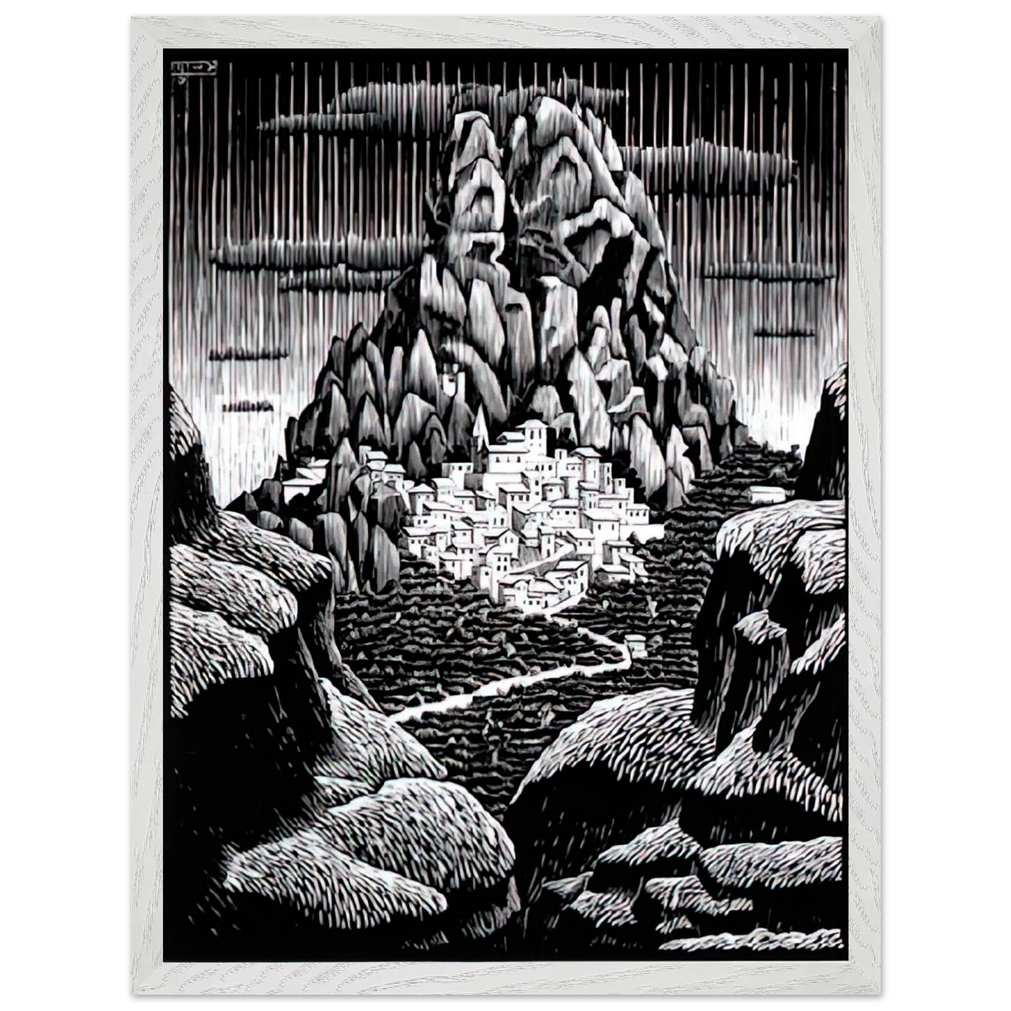 MC Escher - PENTEDATTIO CALABRIA JANUARY 1930 1930 Wall Art - 30x40 cm / 12x16 inches - Premium Wooden Framed Poster With Fine Art Paper - White frame