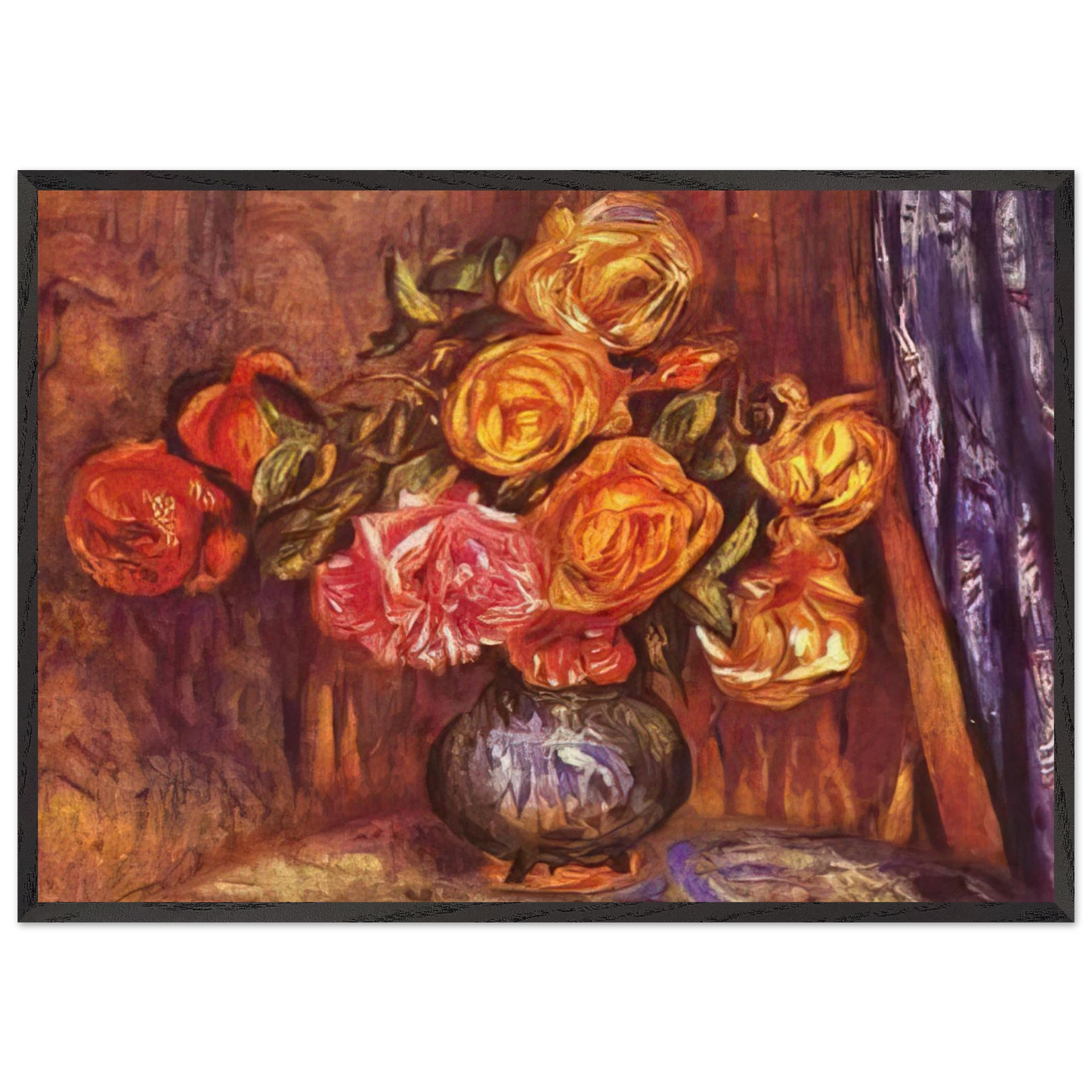 Roses Before the Blue Curtain - Pierre-Auguste Renoir Framed Art Print – Black Wooden Frame - Default Title - -Framed Art Print
