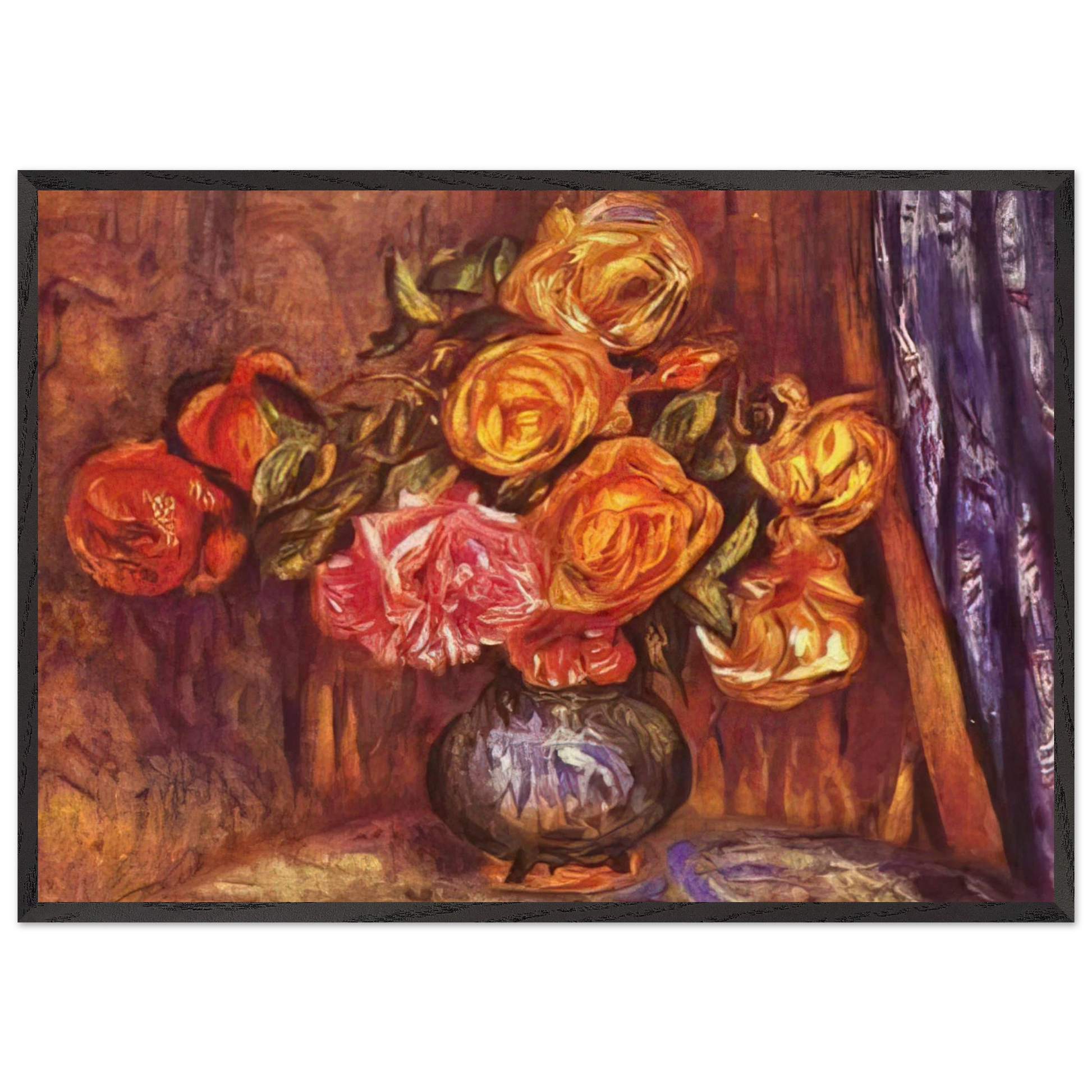 Roses Before the Blue Curtain - Pierre-Auguste Renoir Framed Art Print – Black Wooden Frame - Default Title - -Framed Art Print